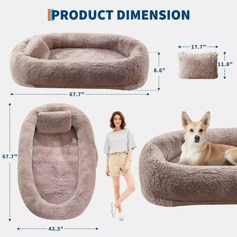 Lit pour humain et animaux de compagnie 67x43x8, aucun assemblage requis, fausse fourrure moelleuse lavable, lit orthopédique pour chien avec oreiller moelleux, poche latérale