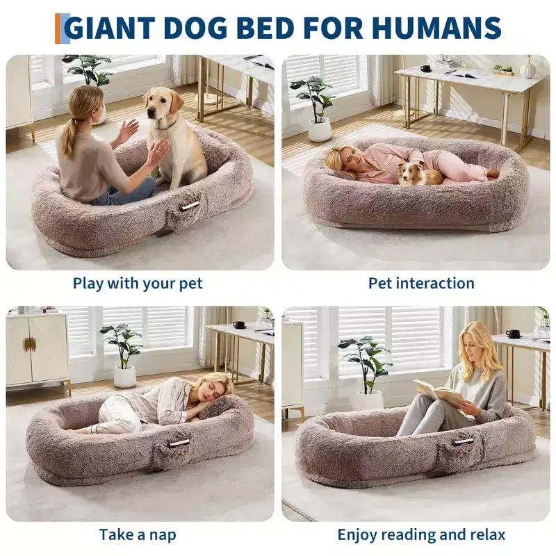 Lit pour humain et animaux de compagnie 67x43x8, aucun assemblage requis, fausse fourrure moelleuse lavable, lit orthopédique pour chien avec oreiller moelleux, poche latérale