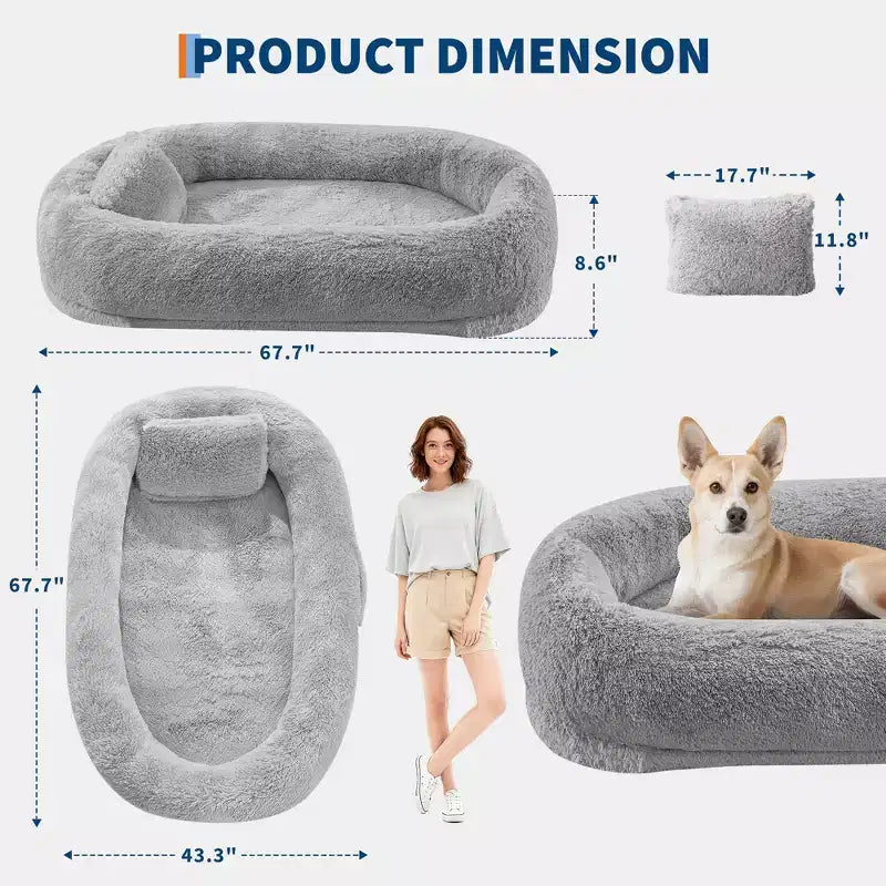 Lit pour humain et animaux de compagnie 67x43x8, aucun assemblage requis, fausse fourrure moelleuse lavable, lit orthopédique pour chien avec oreiller moelleux, poche latérale