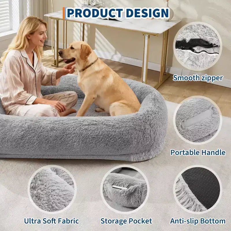 Lit pour humain et animaux de compagnie 67x43x8, aucun assemblage requis, fausse fourrure moelleuse lavable, lit orthopédique pour chien avec oreiller moelleux, poche latérale