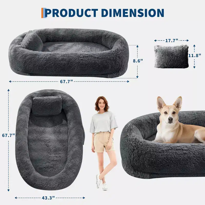 Lit pour humain et animaux de compagnie 67x43x8, aucun assemblage requis, fausse fourrure moelleuse lavable, lit orthopédique pour chien avec oreiller moelleux, poche latérale