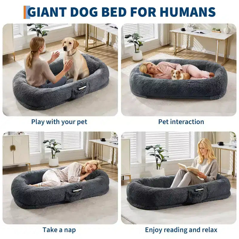 Lit pour humain et animaux de compagnie 67x43x8, aucun assemblage requis, fausse fourrure moelleuse lavable, lit orthopédique pour chien avec oreiller moelleux, poche latérale