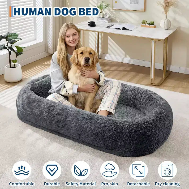 Lit pour humain et animaux de compagnie 67x43x8, aucun assemblage requis, fausse fourrure moelleuse lavable, lit orthopédique pour chien avec oreiller moelleux, poche latérale