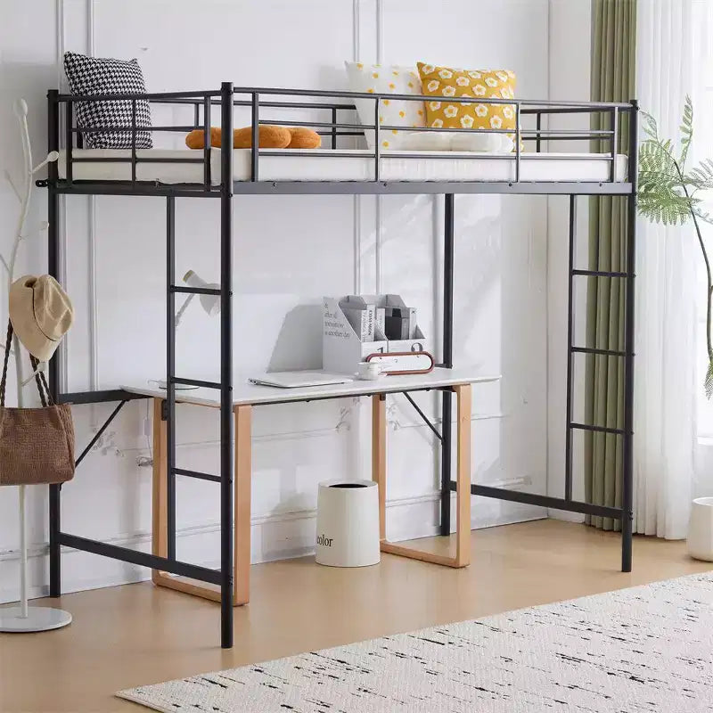 Lit mezzanine complet Karl Home avec escalier, lit superposé individuel en métal avec barrières de sécurité et 2 échelles latérales, pas besoin de sommier tapissier