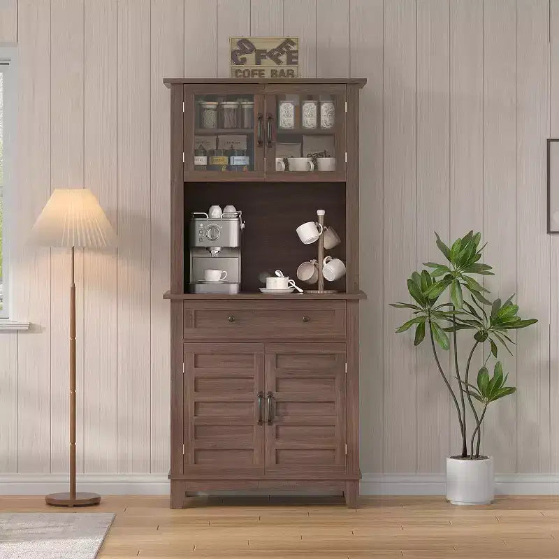 72" Tall Pantry Cabinet with Doors, Drawer, Freestanding Kitchen Hutch Coffee Bar, Adjustable Shelves, White Brown Wood Finish for Living Room Storage