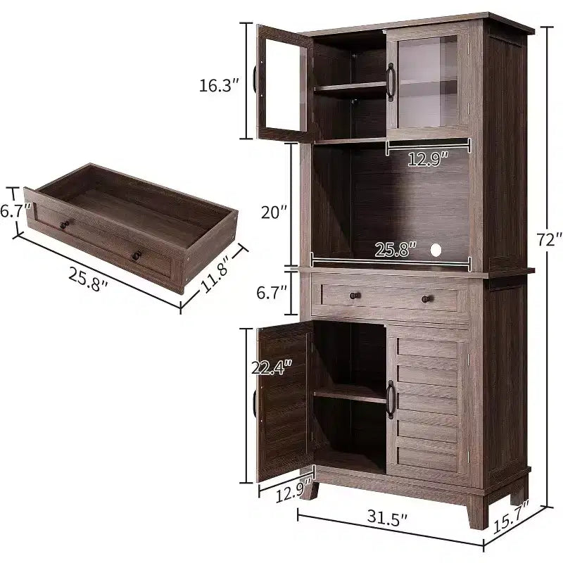 72" Tall Pantry Cabinet with Doors, Drawer, Freestanding Kitchen Hutch Coffee Bar, Adjustable Shelves, White Brown Wood Finish for Living Room Storage