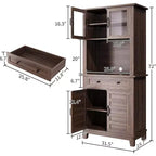 72" Tall Pantry Cabinet with Doors, Drawer, Freestanding Kitchen Hutch Coffee Bar, Adjustable Shelves, White Brown Wood Finish for Living Room Storage