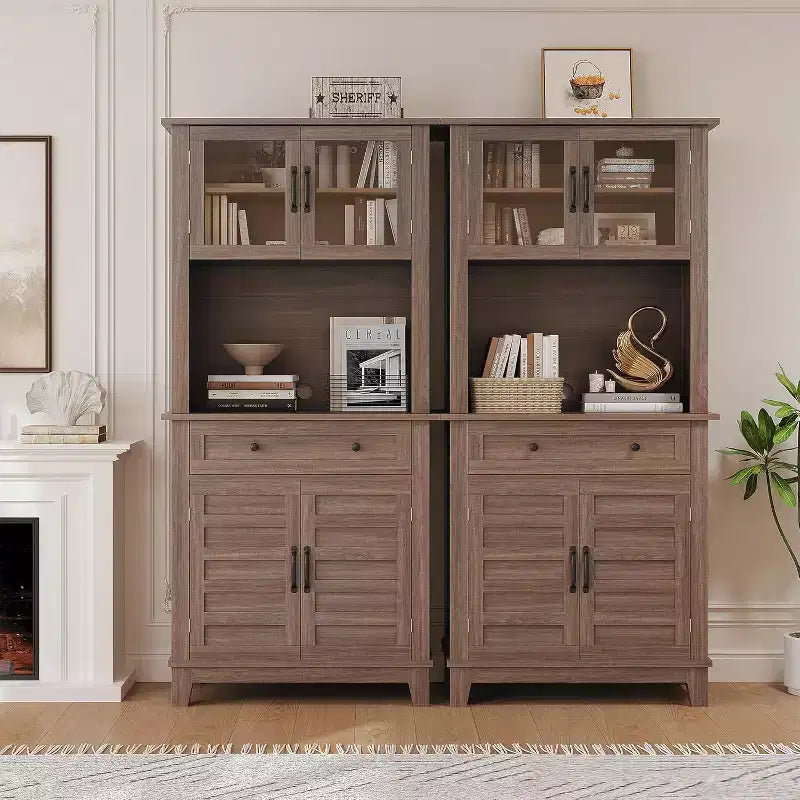 72" Tall Pantry Cabinet with Doors, Drawer, Freestanding Kitchen Hutch Coffee Bar, Adjustable Shelves, White Brown Wood Finish for Living Room Storage