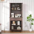 72" Tall Pantry Cabinet with Doors, Drawer, Freestanding Kitchen Hutch Coffee Bar, Adjustable Shelves, White Brown Wood Finish for Living Room Storage