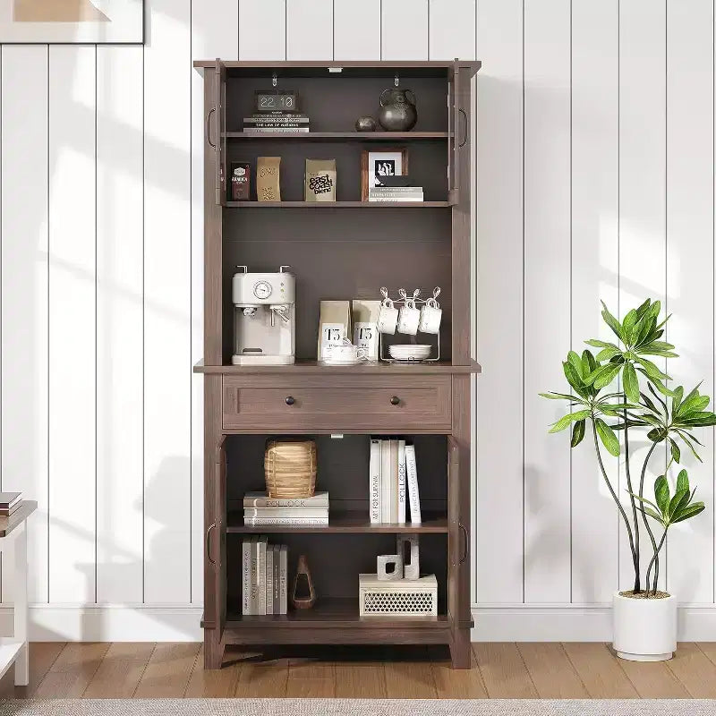 72" Tall Pantry Cabinet with Doors, Drawer, Freestanding Kitchen Hutch Coffee Bar, Adjustable Shelves, White Brown Wood Finish for Living Room Storage