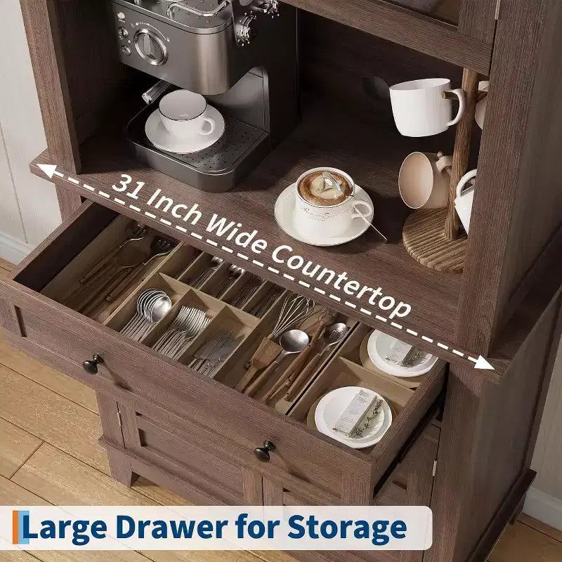 72" Tall Pantry Cabinet with Doors, Drawer, Freestanding Kitchen Hutch Coffee Bar, Adjustable Shelves, White Brown Wood Finish for Living Room Storage