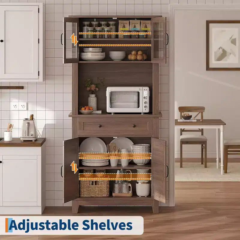 72" Tall Pantry Cabinet with Doors, Drawer, Freestanding Kitchen Hutch Coffee Bar, Adjustable Shelves, White Brown Wood Finish for Living Room Storage
