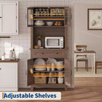 72" Tall Pantry Cabinet with Doors, Drawer, Freestanding Kitchen Hutch Coffee Bar, Adjustable Shelves, White Brown Wood Finish for Living Room Storage
