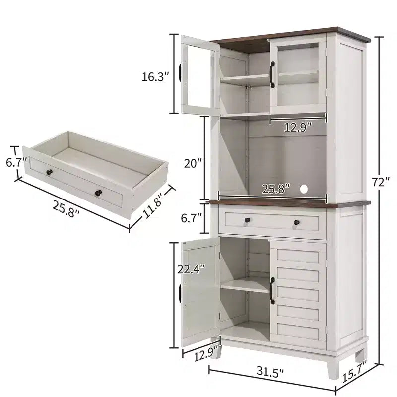 72" Tall Pantry Cabinet with Doors, Drawer, Freestanding Kitchen Hutch Coffee Bar, Adjustable Shelves, White Brown Wood Finish for Living Room Storage