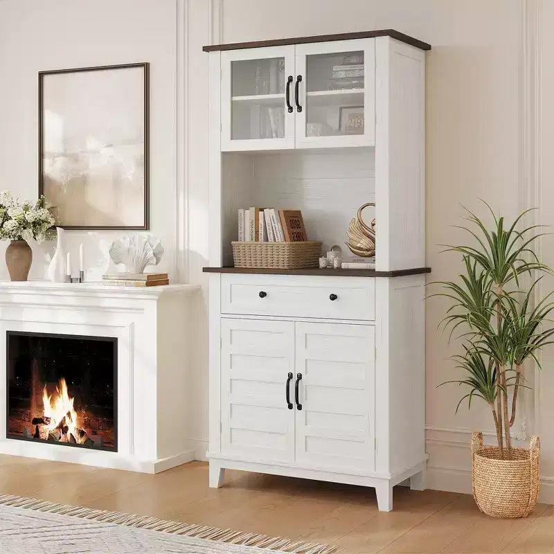 72" Tall Pantry Cabinet with Doors, Drawer, Freestanding Kitchen Hutch Coffee Bar, Adjustable Shelves, White Brown Wood Finish for Living Room Storage