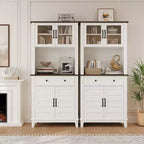 72" Tall Pantry Cabinet with Doors, Drawer, Freestanding Kitchen Hutch Coffee Bar, Adjustable Shelves, White Brown Wood Finish for Living Room Storage