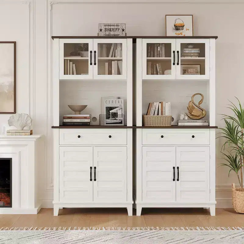 72" Tall Pantry Cabinet with Doors, Drawer, Freestanding Kitchen Hutch Coffee Bar, Adjustable Shelves, White Brown Wood Finish for Living Room Storage