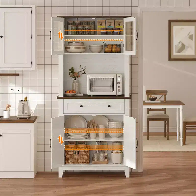 72" Tall Pantry Cabinet with Doors, Drawer, Freestanding Kitchen Hutch Coffee Bar, Adjustable Shelves, White Brown Wood Finish for Living Room Storage