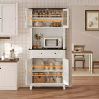 72" Tall Pantry Cabinet with Doors, Drawer, Freestanding Kitchen Hutch Coffee Bar, Adjustable Shelves, White Brown Wood Finish for Living Room Storage