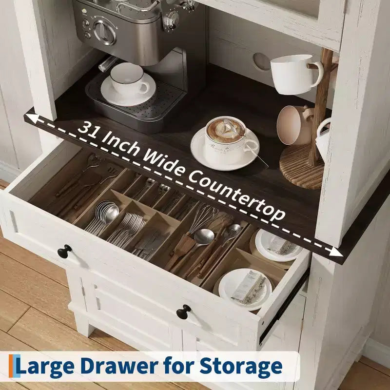 72" Tall Pantry Cabinet with Doors, Drawer, Freestanding Kitchen Hutch Coffee Bar, Adjustable Shelves, White Brown Wood Finish for Living Room Storage