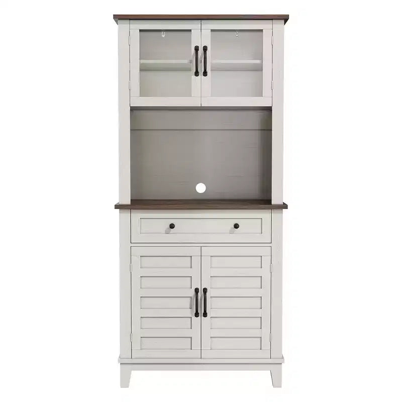 72" Tall Pantry Cabinet with Doors, Drawer, Freestanding Kitchen Hutch Coffee Bar, Adjustable Shelves, White Brown Wood Finish for Living Room Storage