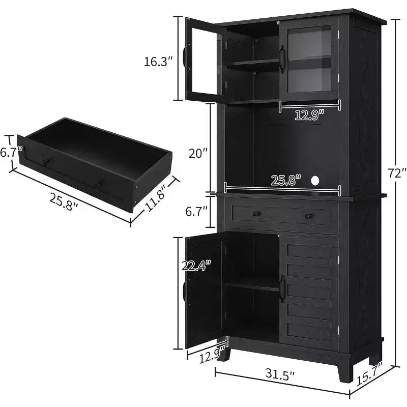 72" Tall Pantry Cabinet with Doors, Drawer, Freestanding Kitchen Hutch Coffee Bar, Adjustable Shelves, White Brown Wood Finish for Living Room Storage