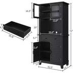 72" Tall Pantry Cabinet with Doors, Drawer, Freestanding Kitchen Hutch Coffee Bar, Adjustable Shelves, White Brown Wood Finish for Living Room Storage
