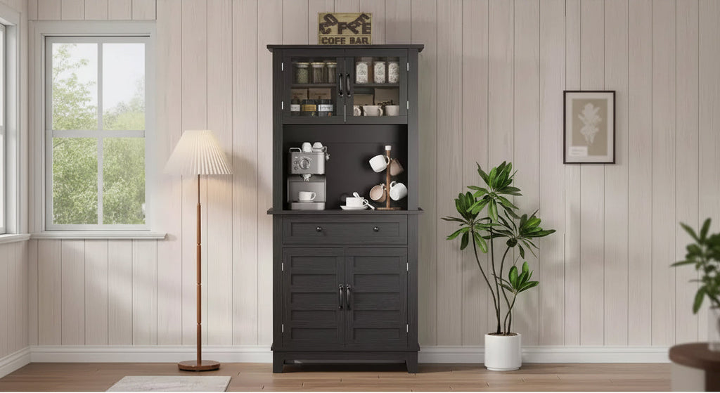 72" Tall Pantry Cabinet with Doors, Drawer, Freestanding Kitchen Hutch Coffee Bar, Adjustable Shelves, White Brown Wood Finish for Living Room Storage
