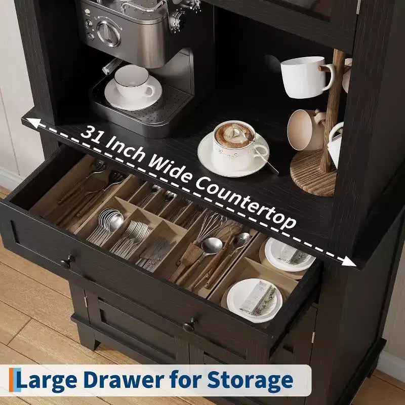 72" Tall Pantry Cabinet with Doors, Drawer, Freestanding Kitchen Hutch Coffee Bar, Adjustable Shelves, White Brown Wood Finish for Living Room Storage