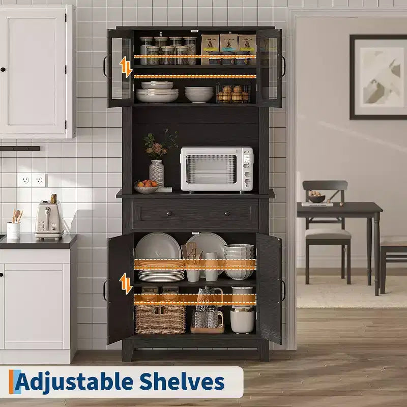72" Tall Pantry Cabinet with Doors, Drawer, Freestanding Kitchen Hutch Coffee Bar, Adjustable Shelves, White Brown Wood Finish for Living Room Storage