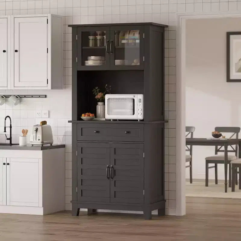 72 Tall Pantry Cabinet with Doors Drawer Freestanding Kitchen Hutch Coffee Bar, Adjustable Shelves, White Brown Wood Finish for Living Room Storage