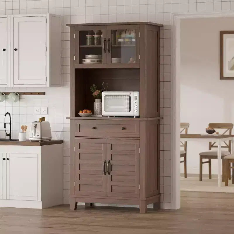 72" Tall Pantry Cabinet with Doors, Drawer, Freestanding Kitchen Hutch Coffee Bar, Adjustable Shelves, White Brown Wood Finish for Living Room Storage