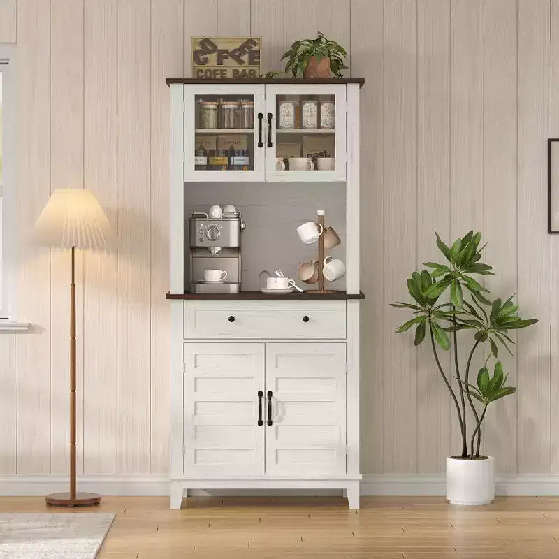 72" Tall Pantry Cabinet with Doors, Drawer, Freestanding Kitchen Hutch Coffee Bar, Adjustable Shelves, White Brown Wood Finish for Living Room Storage