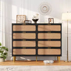 Commode à 8 tiroirs en rotin pour chambre à coucher, commode haute avec tiroirs profonds, grande commode pour placard avec plateau large, longue commode en bois