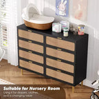 Commode à 8 tiroirs en rotin pour chambre à coucher, commode haute avec tiroirs profonds, grande commode pour placard avec plateau large, longue commode en bois