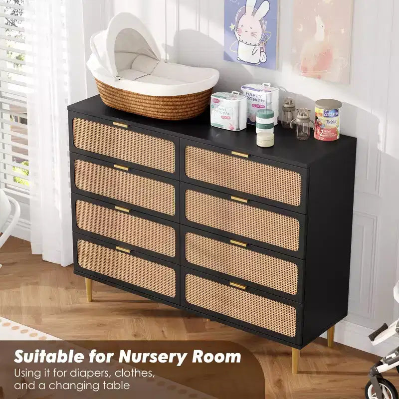Commode à 8 tiroirs en rotin pour chambre à coucher, commode haute avec tiroirs profonds, grande commode pour placard avec plateau large, longue commode en bois