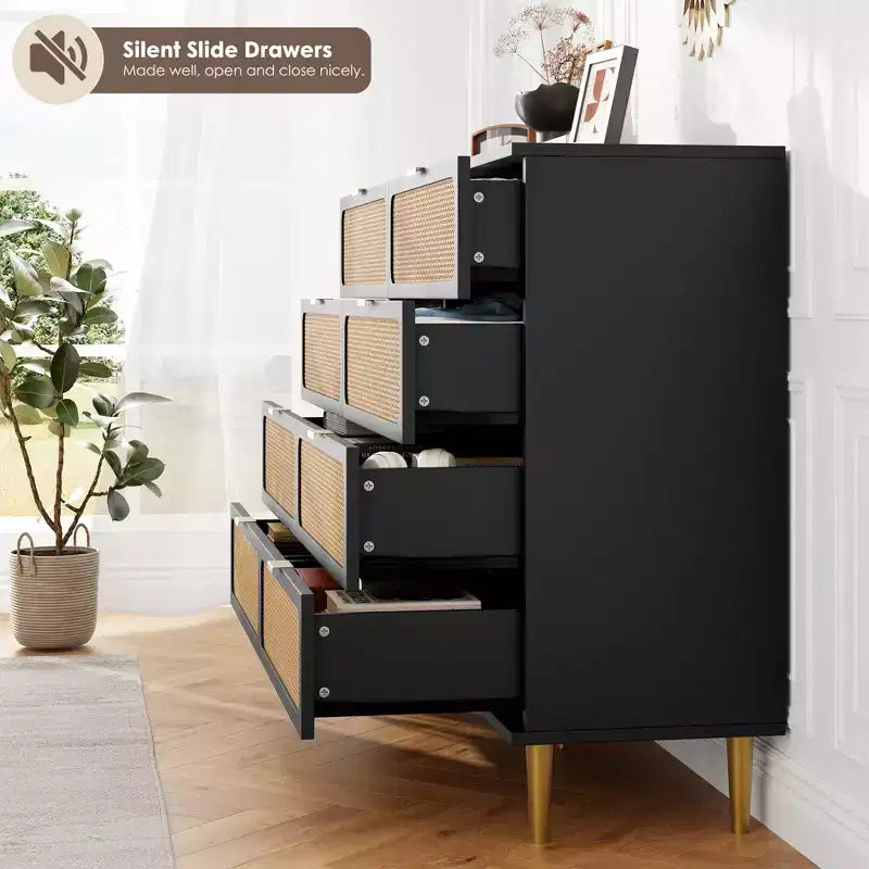 Commode à 8 tiroirs en rotin pour chambre à coucher, commode haute avec tiroirs profonds, grande commode pour placard avec plateau large, longue commode en bois
