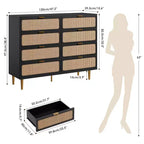 Commode à 8 tiroirs en rotin pour chambre à coucher, commode haute avec tiroirs profonds, grande commode pour placard avec plateau large, longue commode en bois