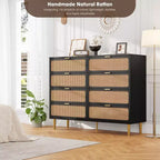Commode à 8 tiroirs en rotin pour chambre à coucher, commode haute avec tiroirs profonds, grande commode pour placard avec plateau large, longue commode en bois