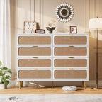 Commode à 8 tiroirs en rotin pour chambre à coucher, commode haute avec tiroirs profonds, grande commode pour placard avec plateau large, longue commode en bois
