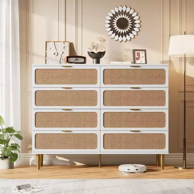 Commode à 8 tiroirs en rotin pour chambre à coucher, commode haute avec tiroirs profonds, grande commode pour placard avec plateau large, longue commode en bois