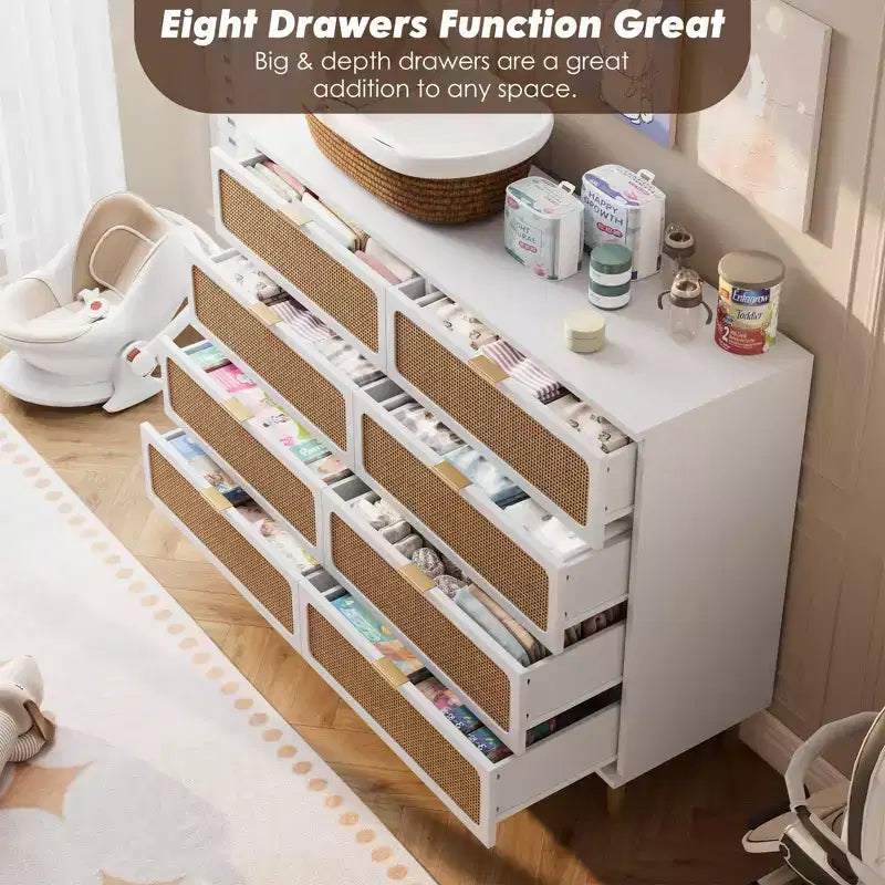 Commode à 8 tiroirs en rotin pour chambre à coucher, commode haute avec tiroirs profonds, grande commode pour placard avec plateau large, longue commode en bois