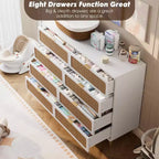 Commode à 8 tiroirs en rotin pour chambre à coucher, commode haute avec tiroirs profonds, grande commode pour placard avec plateau large, longue commode en bois