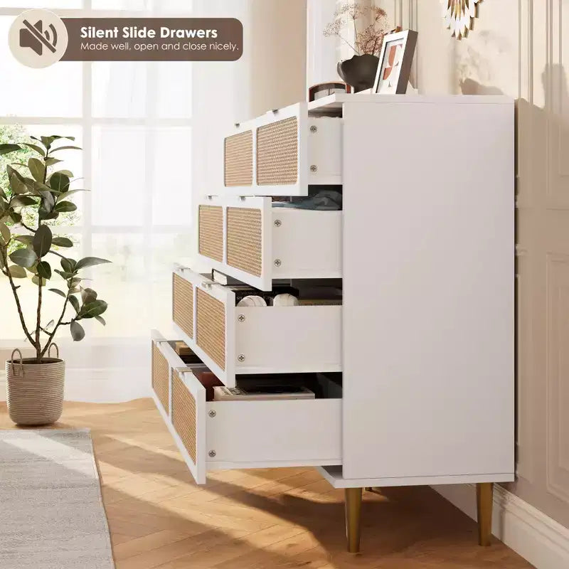 Commode à 8 tiroirs en rotin pour chambre à coucher, commode haute avec tiroirs profonds, grande commode pour placard avec plateau large, longue commode en bois