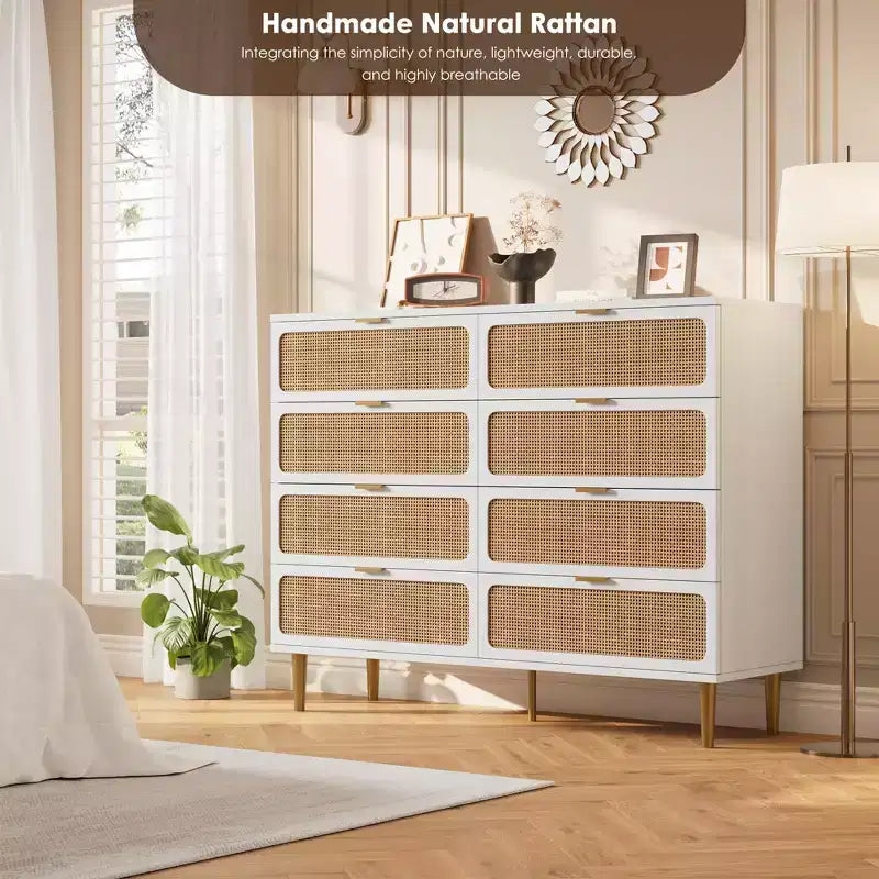 Commode à 8 tiroirs en rotin pour chambre à coucher, commode haute avec tiroirs profonds, grande commode pour placard avec plateau large, longue commode en bois