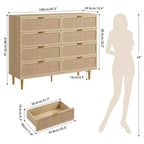 Commode à 8 tiroirs en rotin pour chambre à coucher, commode haute avec tiroirs profonds, grande commode pour placard avec plateau large, longue commode en bois