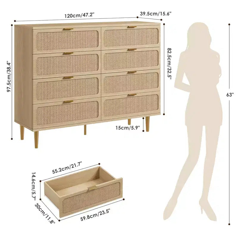 Commode à 8 tiroirs en rotin pour chambre à coucher, commode haute avec tiroirs profonds, grande commode pour placard avec plateau large, longue commode en bois