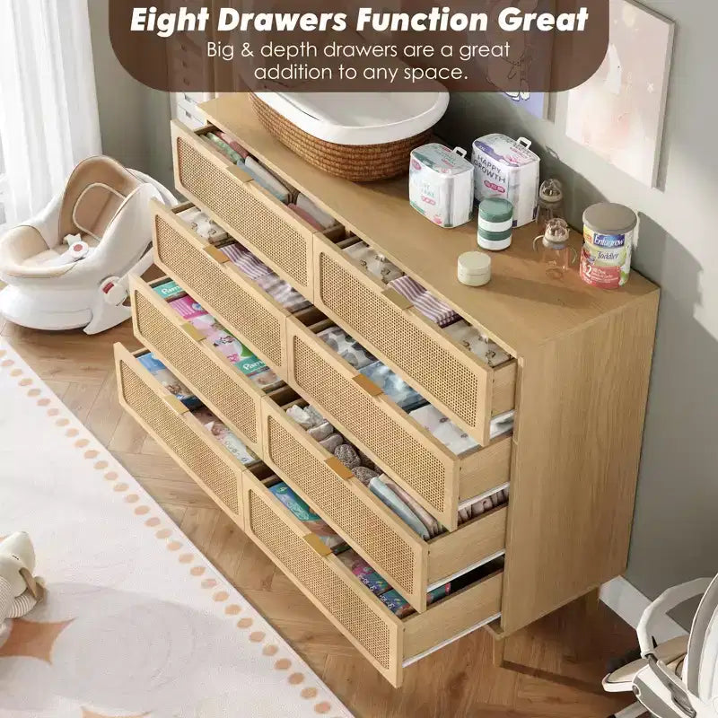 Commode à 8 tiroirs en rotin pour chambre à coucher, commode haute avec tiroirs profonds, grande commode pour placard avec plateau large, longue commode en bois