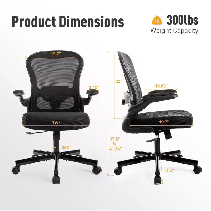 Chaise de bureau ergonomique à dossier haut en maille, Chaise pivotante réglable en hauteur avec accoudoirs relevables, Noir