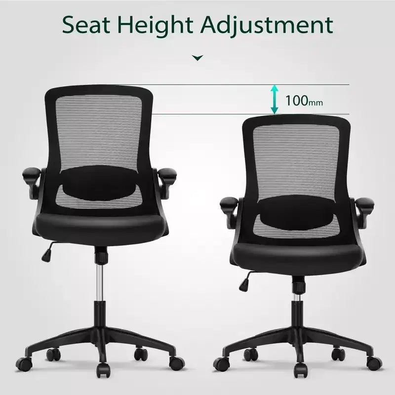 Chaise de bureau ergonomique à dossier haut en maille, Chaise pivotante réglable en hauteur avec accoudoirs relevables, Noir